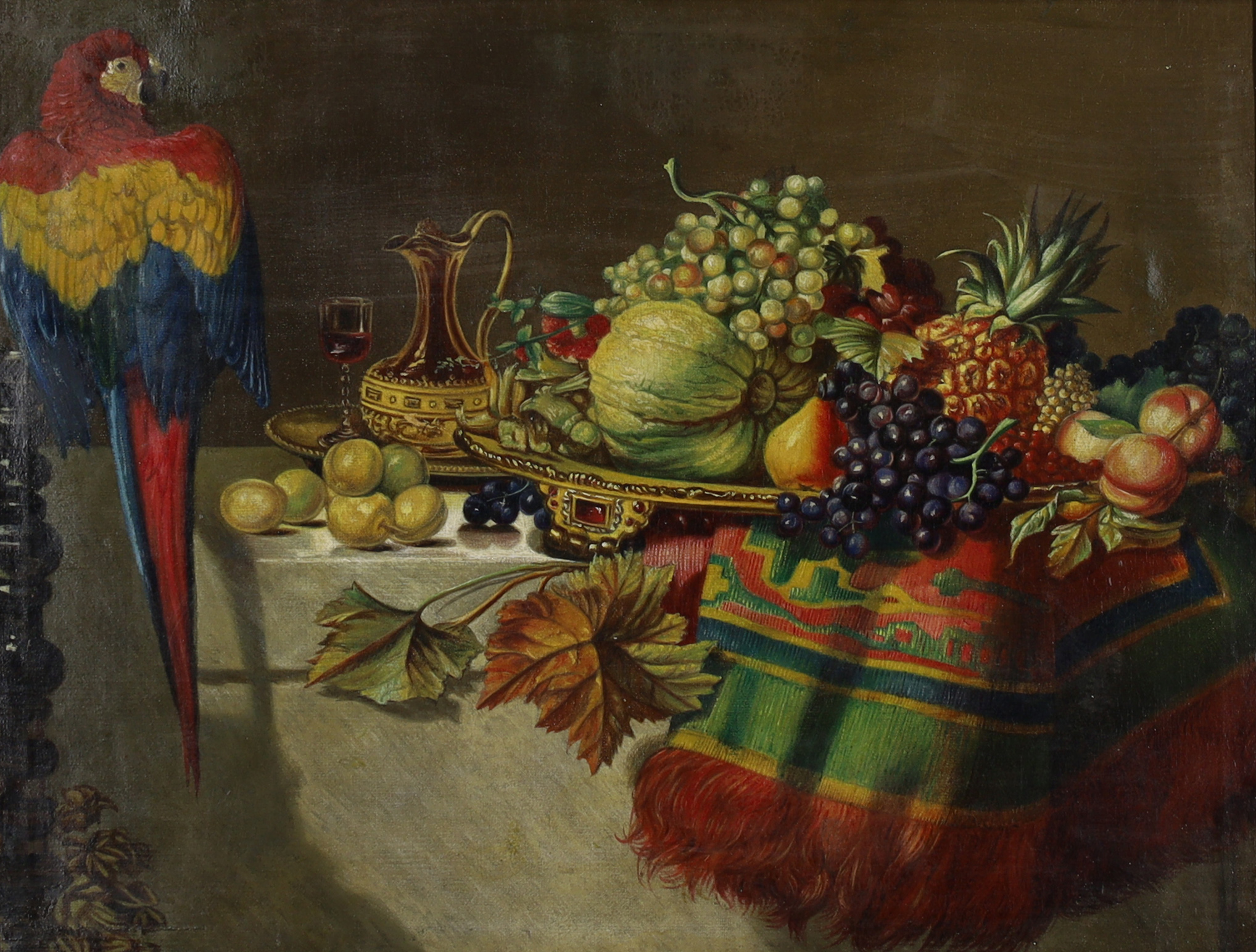 European School,  late 19th century-  Still life with grapes, melon, and a pineapple on a table,...