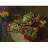 European School,  late 19th century-  Still life with grapes, melon, and a pineapple on a table,...