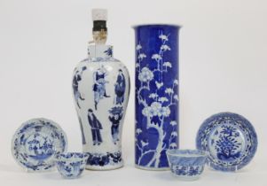 A group of Chinese blue and white porcelain, 19th century, comprising a 'Prunus' sleeve vase, dou...