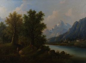 H. Velten,  German School, 19th century-  Alpine landscape with a man standing on a path by a la...