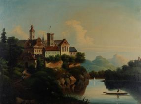 Follower of Johann Wilhelm Jankowski,  German c.1825-1870-  A Castle by the Sea;  oil on canvas...