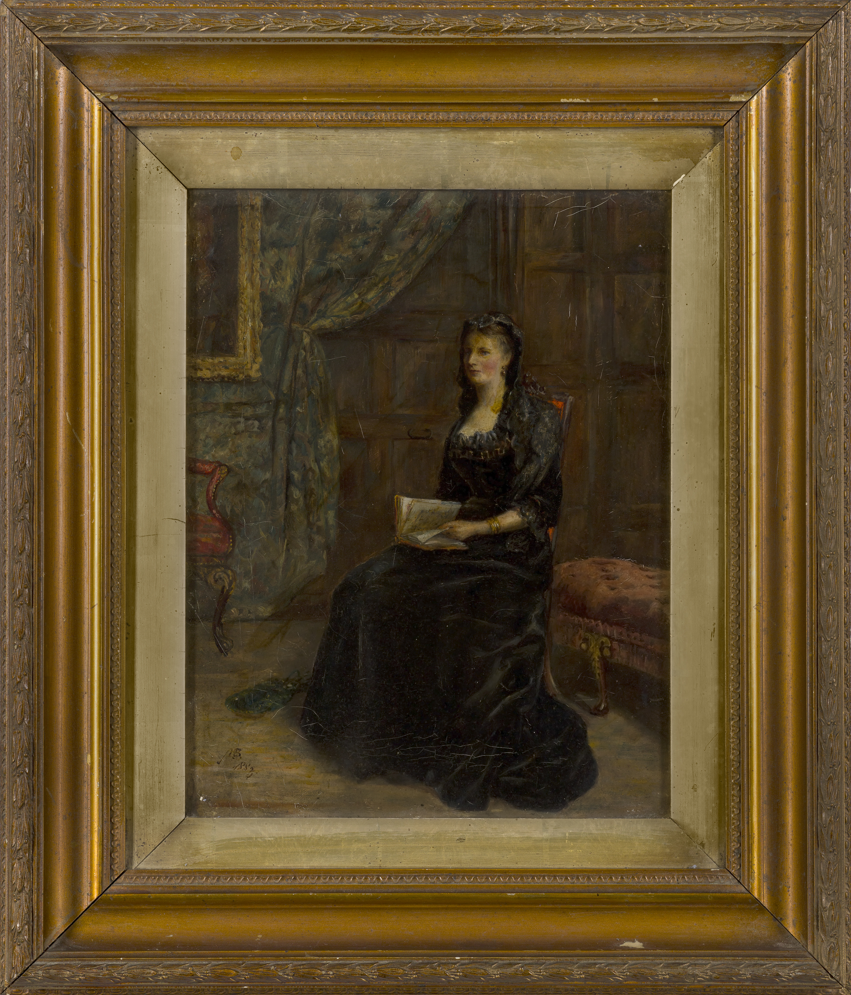 Circle of Alfred Walter Bayes,  British 1832-1909-  Portrait of a lady reading in an interior;  ... - Image 2 of 2