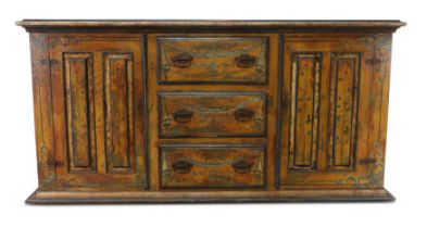 A French hand-painted sideboard, 20th century, decorated with flowers and swags, three central dr...