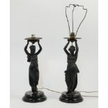 A matched pair of bronzed spelter figural lamps, second half 19th century, each modelled as a cla...