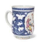 A Chinese famille rose, blue and white and gilt export tankard, Qing dynasty, Qianlong period, br...