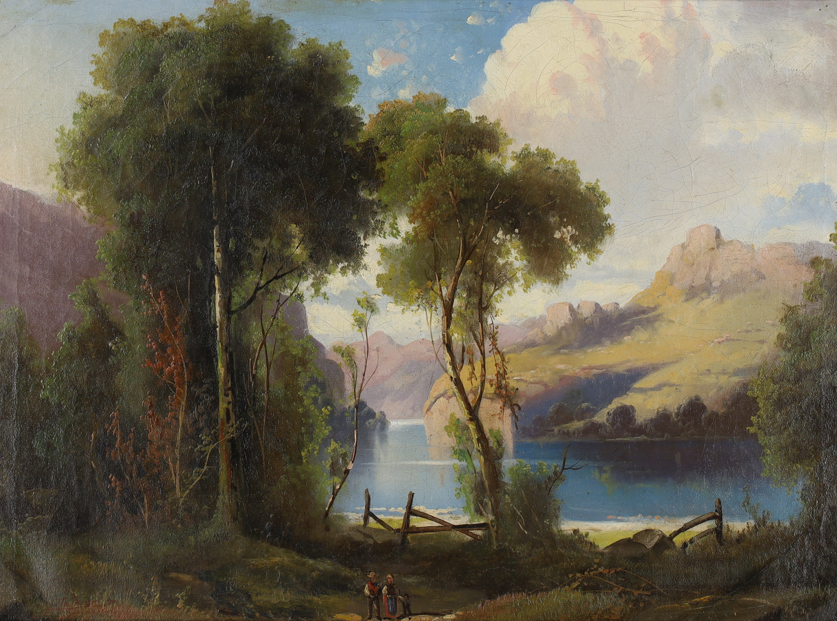 Edward Theodore Paier,  American 1918-2010-  View of an Alpine Landscape with figures by a lake;...