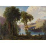 Edward Theodore Paier,  American 1918-2010-  View of an Alpine Landscape with figures by a lake;...