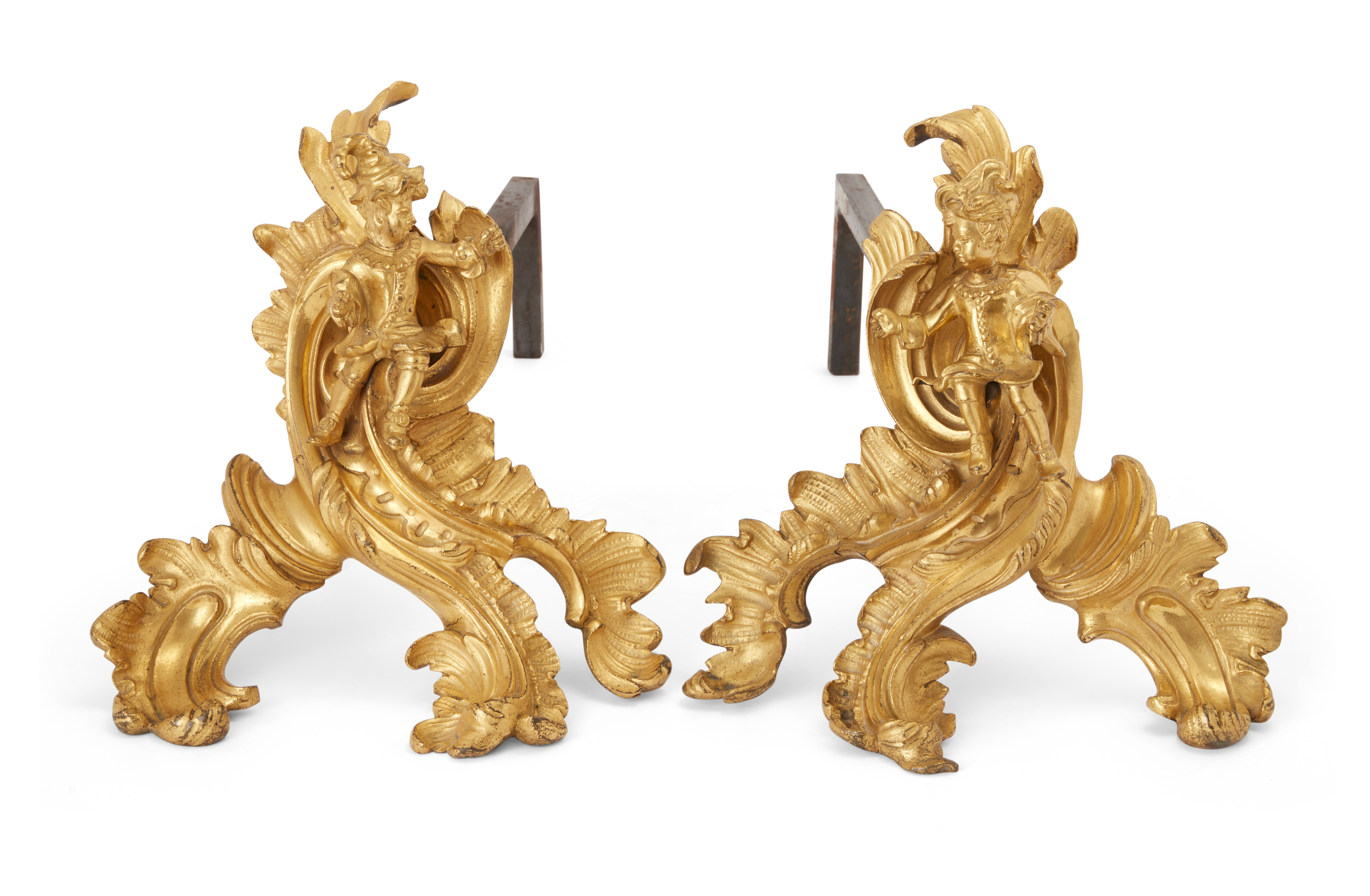 A pair of French ormolu figural chenets, of Louis XV style, 19th century, each modelled with a ch...