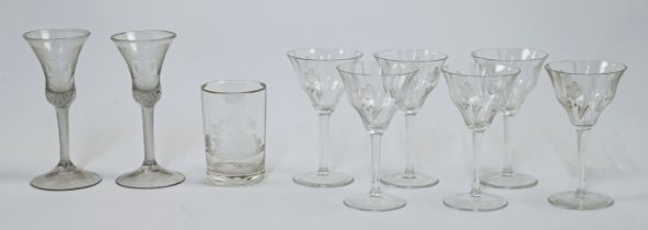 A pair of German wine glasses, late 18th century, the bell bowls engraved with an armorial crest ...