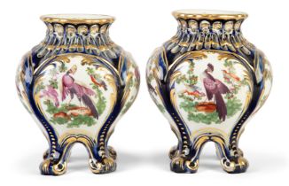 A pair of Chelsea porcelain mazarine-blue-ground pot-pourri vases, c.1760-65, gold anchor mark to...