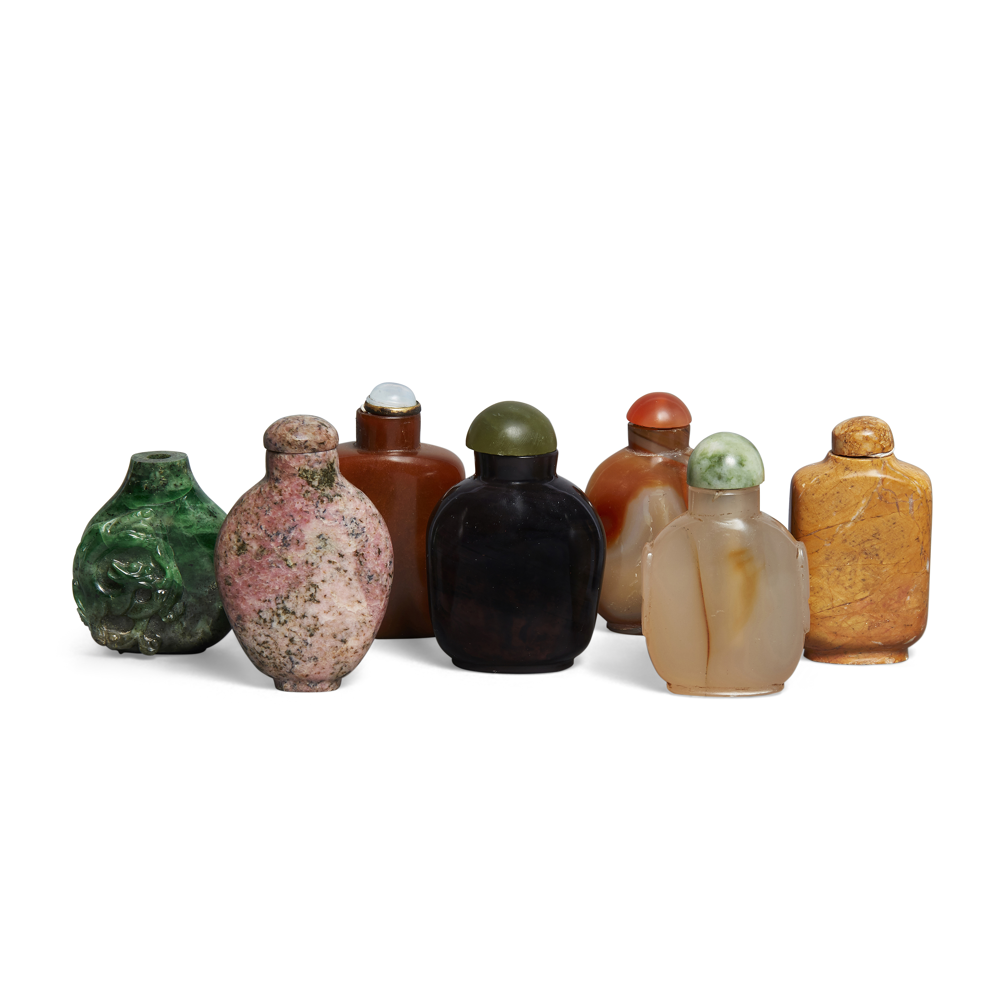 Seven Chinese hardstone snuff bottles, Qing Dynasty - 20th century, including three agate snuff b...