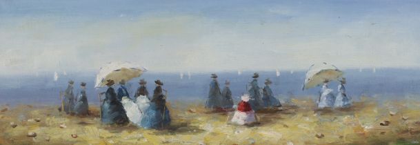 Manner of Eugène Boudin,  French 1824-1898-  On the Beach; and At the Harbour;  oil on board, t...