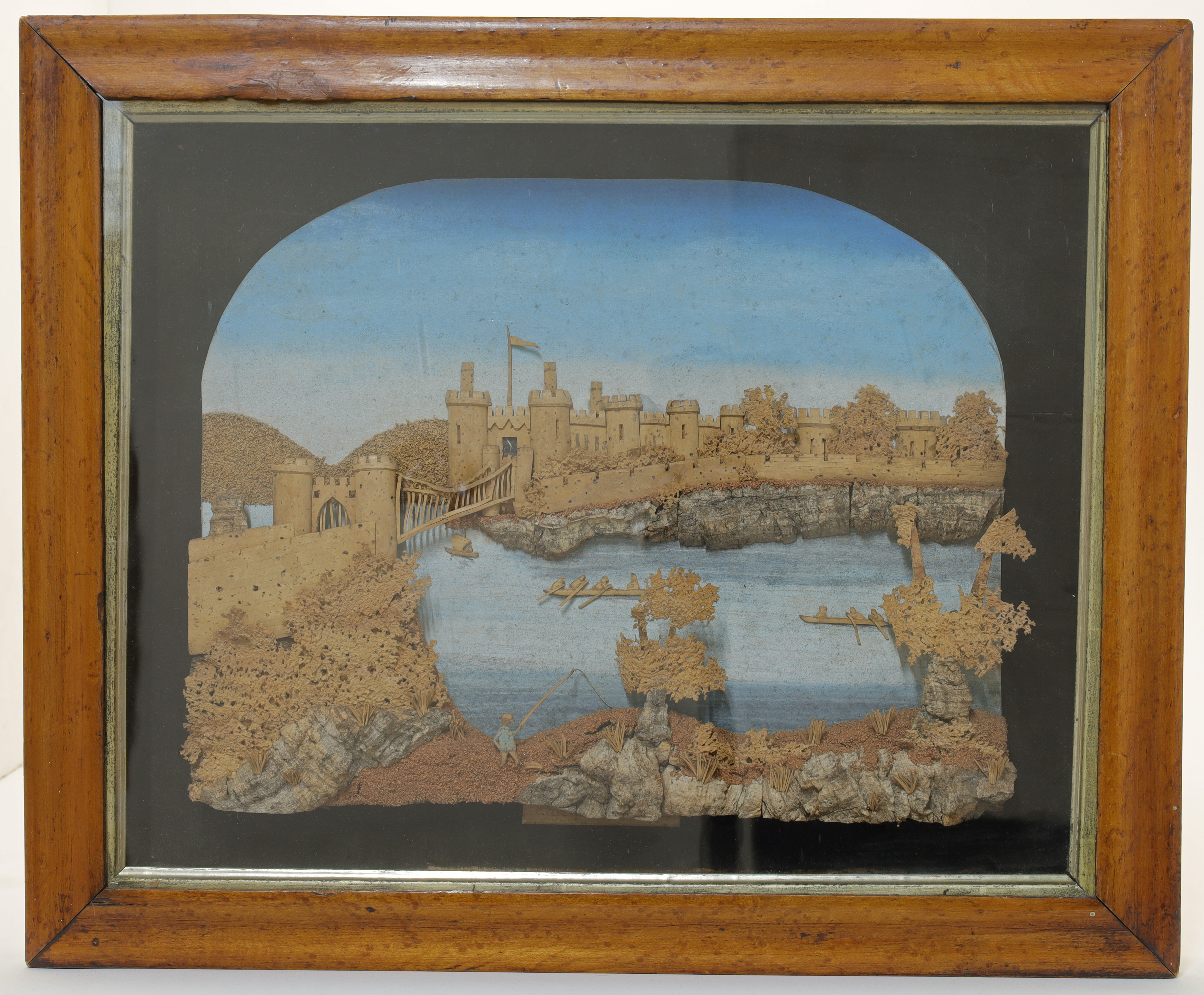 A diorama cork carving picture of Conwy Castle, 20th century, the castle and bridge on a rocky la...