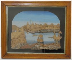 A diorama cork carving picture of Conwy Castle, 20th century, the castle and bridge on a rocky la...