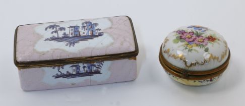 An English brass-mounted enamel snuff box, late 18th century, of rectangular form, the light pink...