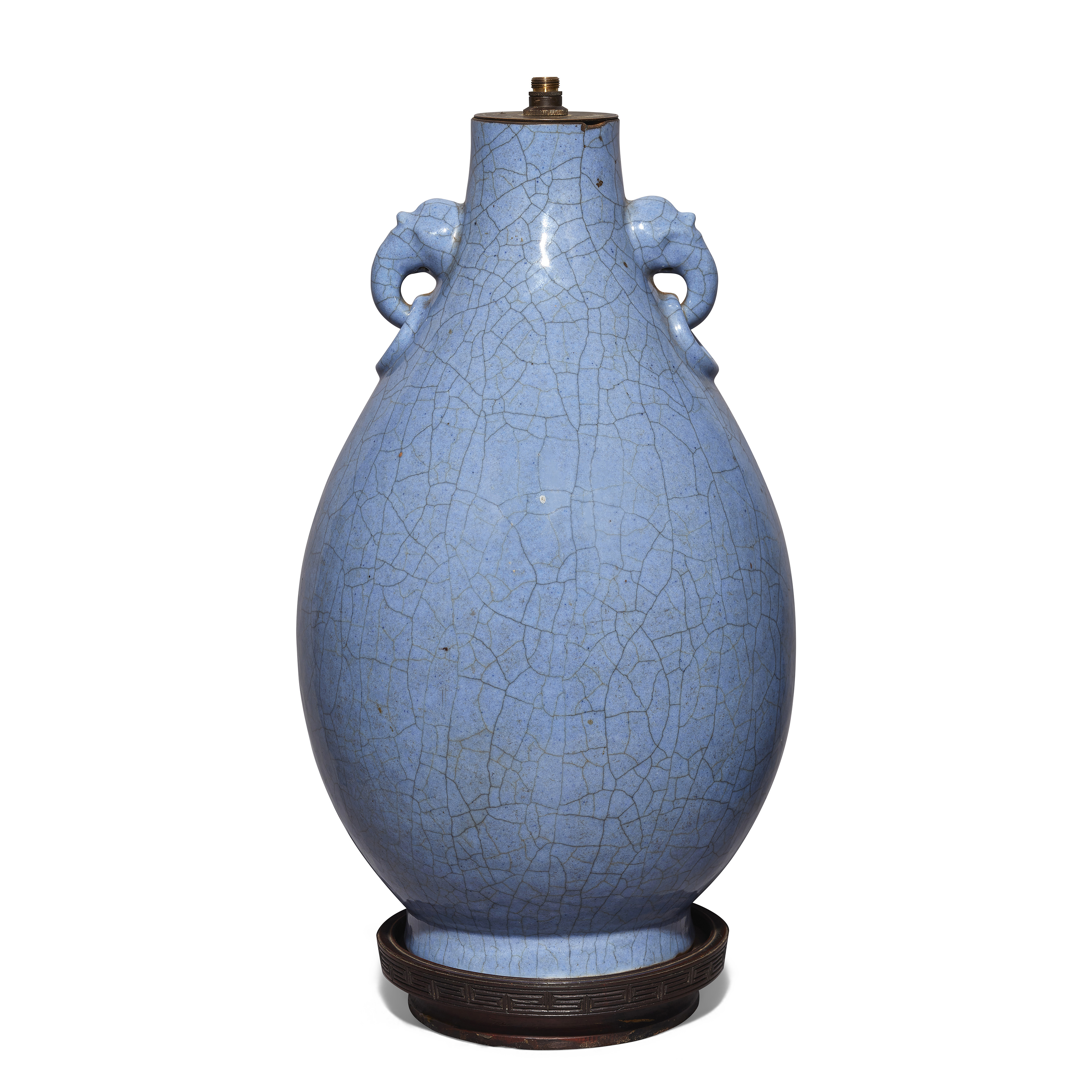 A Chinese crackle-blue glazed pear-shaped vase mounted as a lamp, Late Qing dynasty / Republic pe...