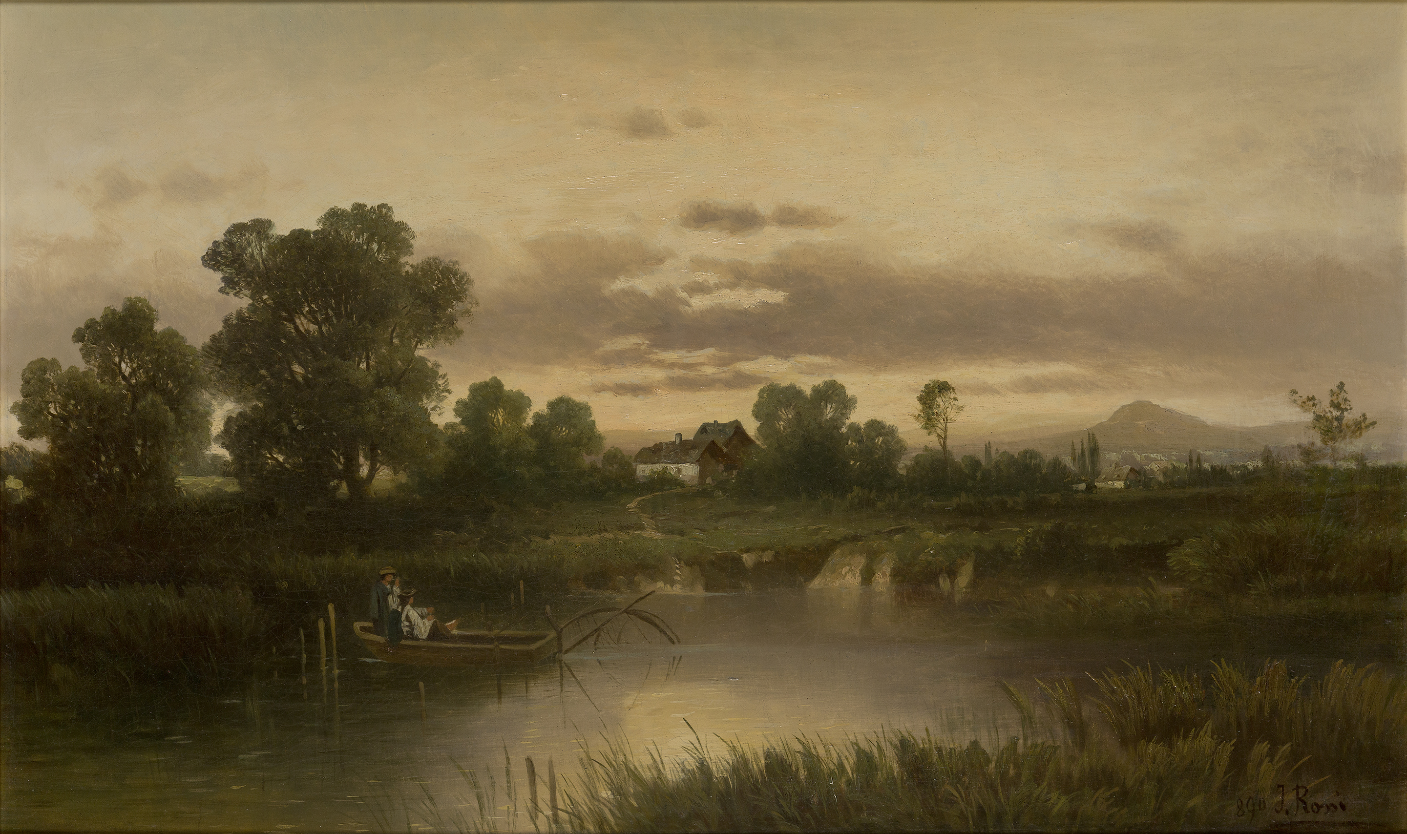 J. Rossi,  late 19th century-   River landscape at sunset, with figures on a boat;  oil on canv...