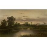 J. Rossi,  late 19th century-   River landscape at sunset, with figures on a boat;  oil on canv...