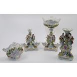 Two Sitzendorf porcelain figural centrepieces, late 19th / early 20th century, blue hatched marks...