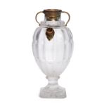 A copper-mounted cut glass huqqa base, possibly European, 19th century, of baluster form, on a sq...