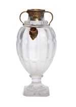 A copper-mounted cut glass huqqa base, possibly European, 19th century, of baluster form, on a sq...