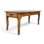 A French elm farmhouse dining table, 18th century, with two end drawers and central drawer, on cu...