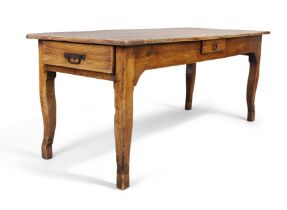 A French elm farmhouse dining table, 18th century, with two end drawers and central drawer, on cu...
