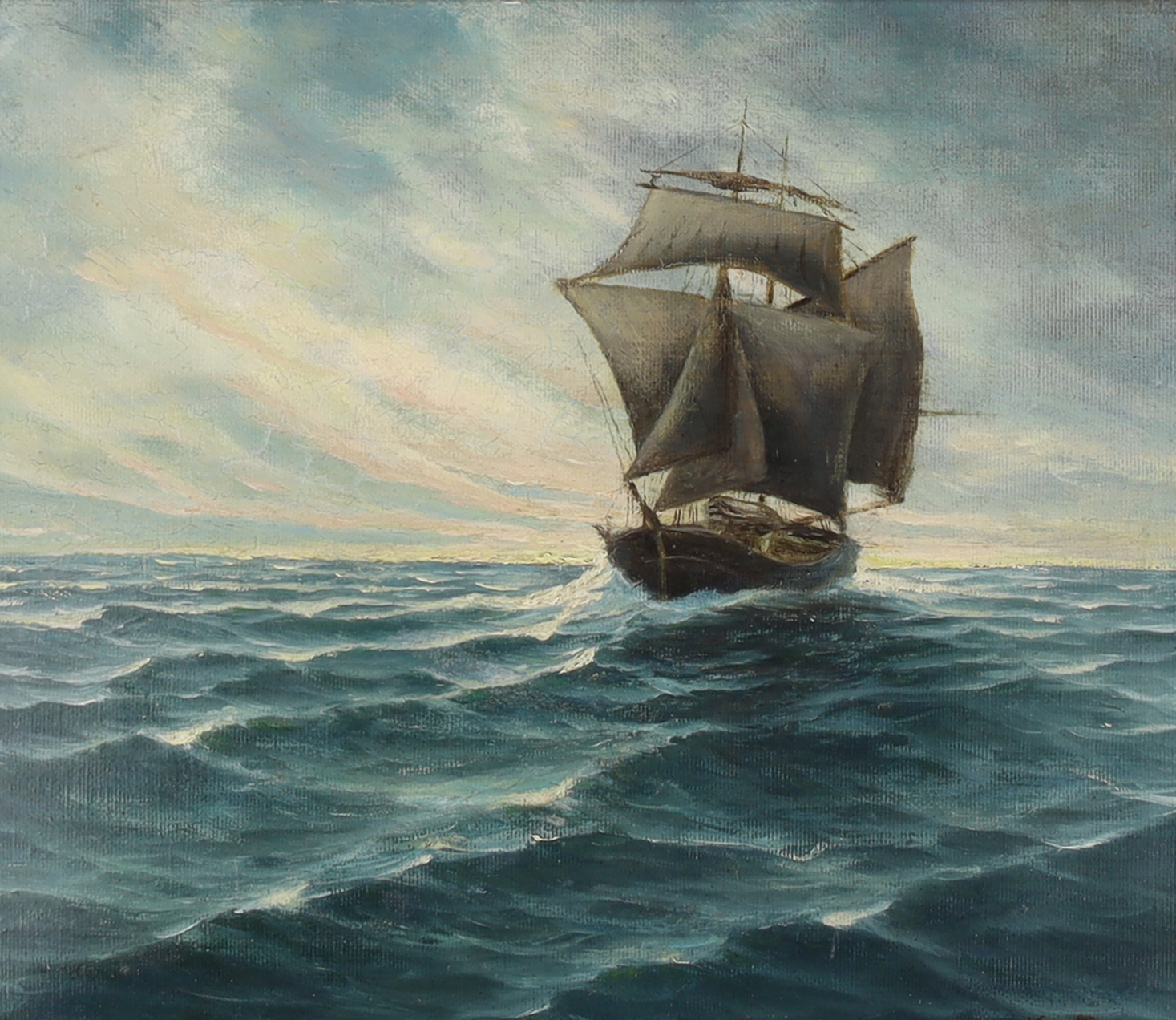 Dutch School,  19th century-  A shipping vessel at full sail;  oil on board, 29.5 x 34.1 cm.  ...