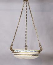A painted opaque glass plafonnier, 20th century, of typical form, suspended on three brass chain-...