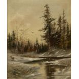 German School,  late 19th/early 20th century-  A deer in a snowy woodland landscape;  oil on ca...