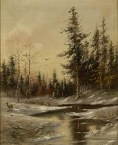 German School,  late 19th/early 20th century-  A deer in a snowy woodland landscape;  oil on ca...