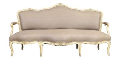 A French cream painted and parcel gilt canape, of Louis XV style, last quarter 19th century, the ...