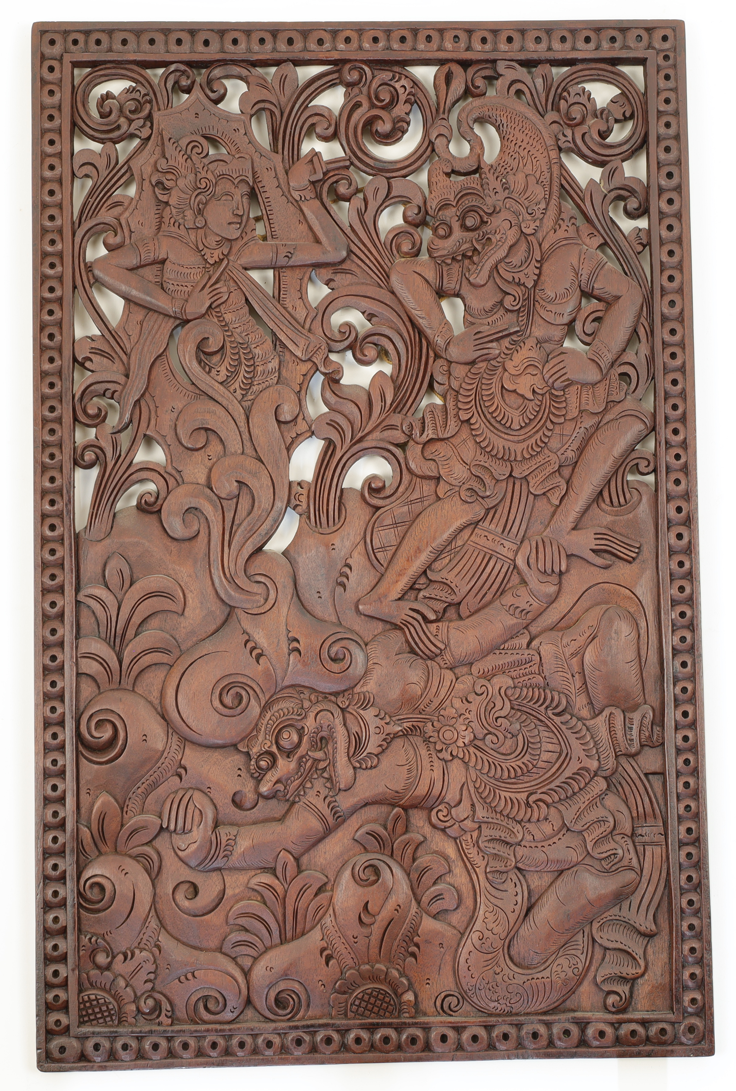 A pair of Chinese high-relief carved panels, 20th century, each with central cartouche of a danci... - Image 2 of 2