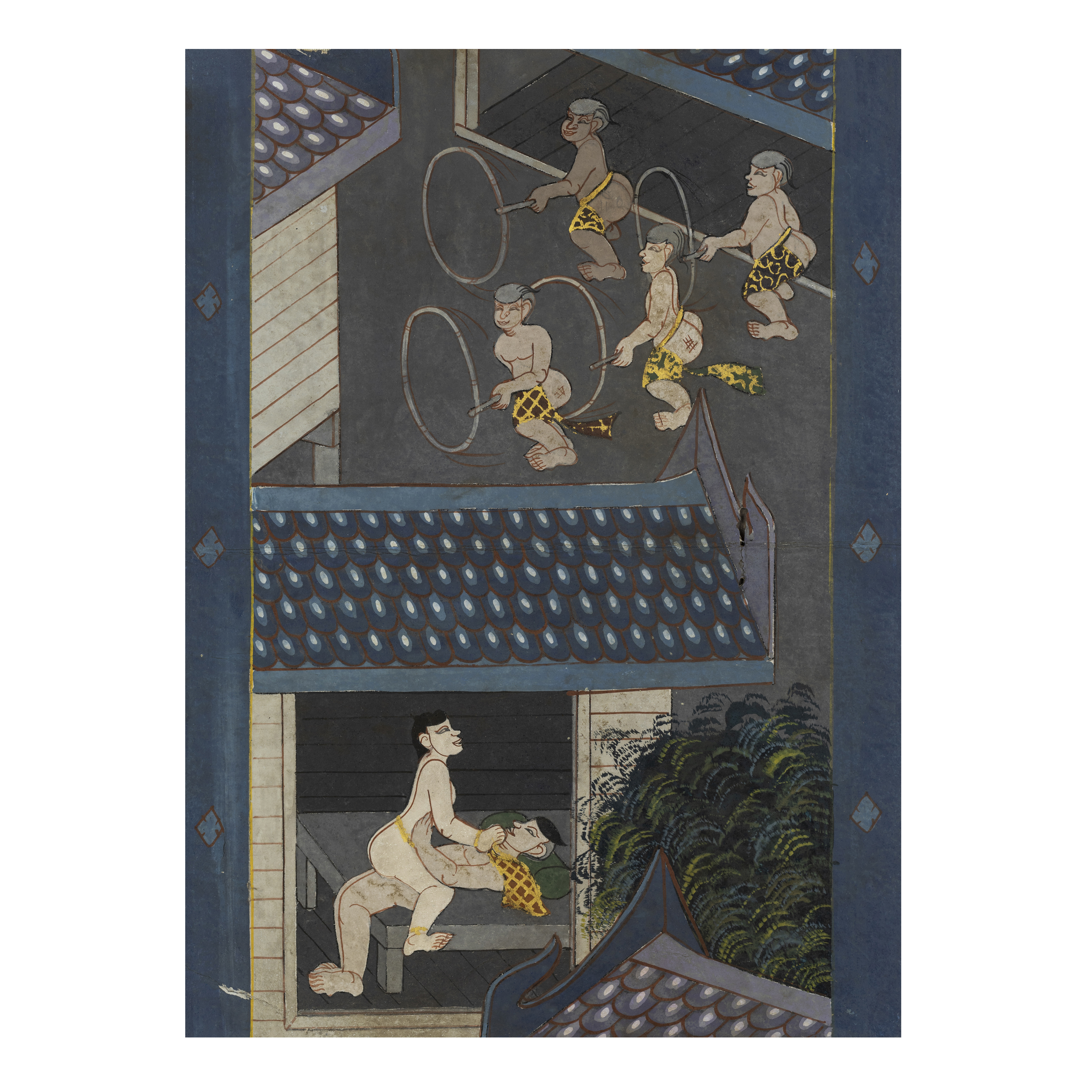 A Burmese erotic painting, 19th century, painted to the bottom with a couple on bed within a hous...