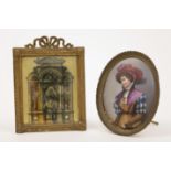 An oval porcelain plaque depicting an aristocratic lady, late 19th century, held in a oval gilt m...