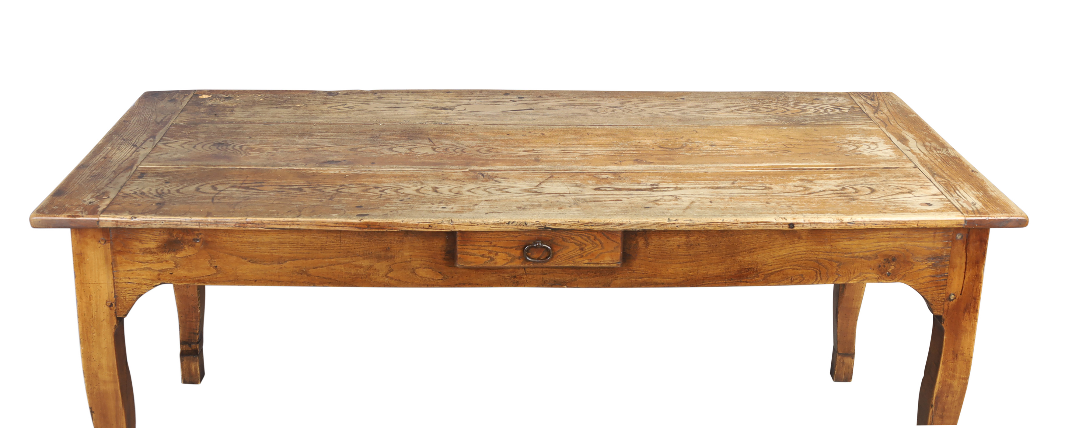 A French elm farmhouse dining table, 18th century, with two end drawers and central drawer, on cu... - Image 3 of 3