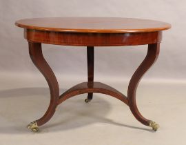 A continental line inlaid mahogany centre table, 19th century, the circular top on three splayed ...