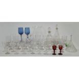 A quantity of glassware, 19th - 20th centuries, comprising: a collection of clear and coloured dr...