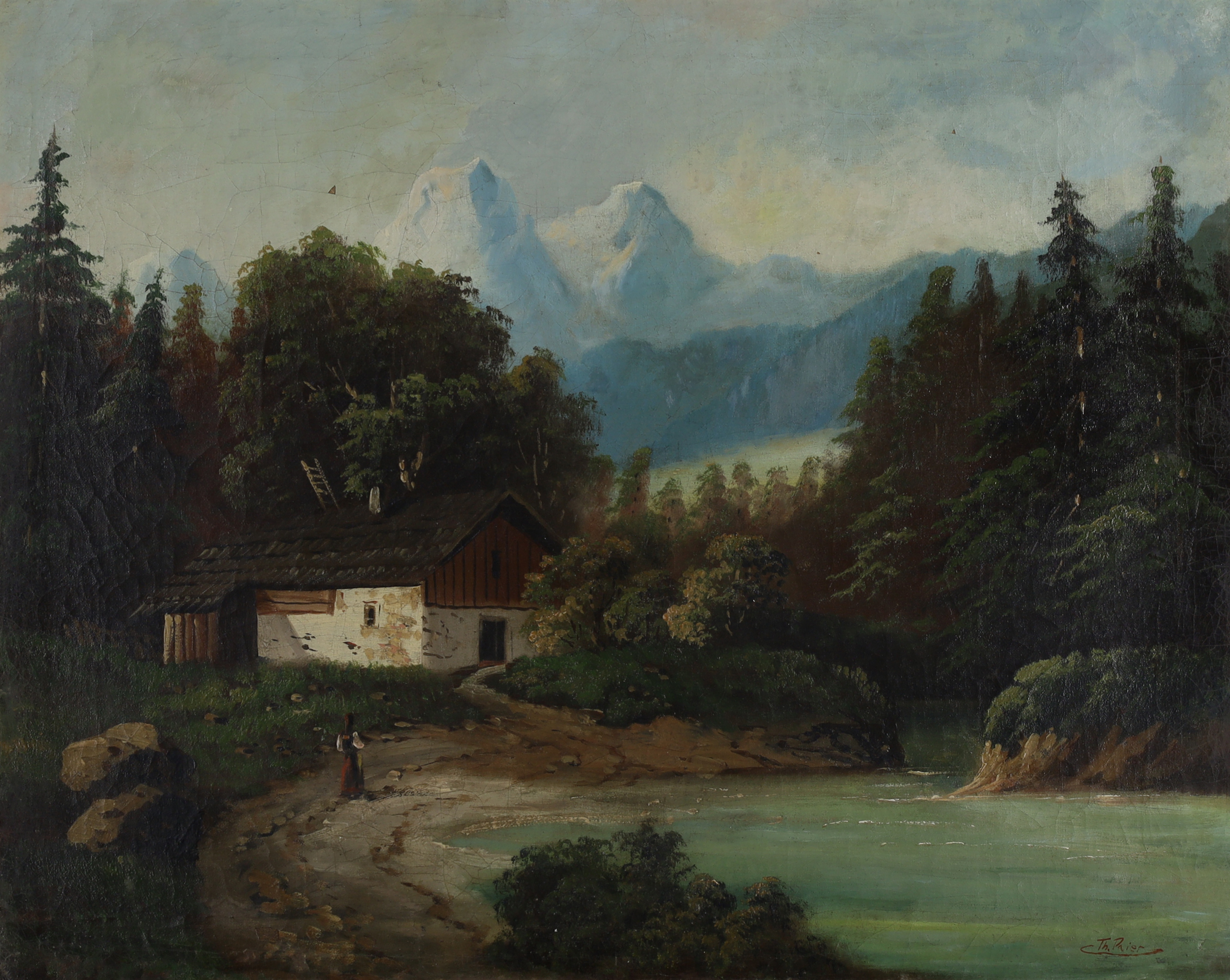 Edward Theodore Paier,  American 1918-2010-  View of a wooded Alpine Landscape with a cottage;  ...