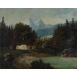 Edward Theodore Paier,  American 1918-2010-  View of a wooded Alpine Landscape with a cottage;  ...