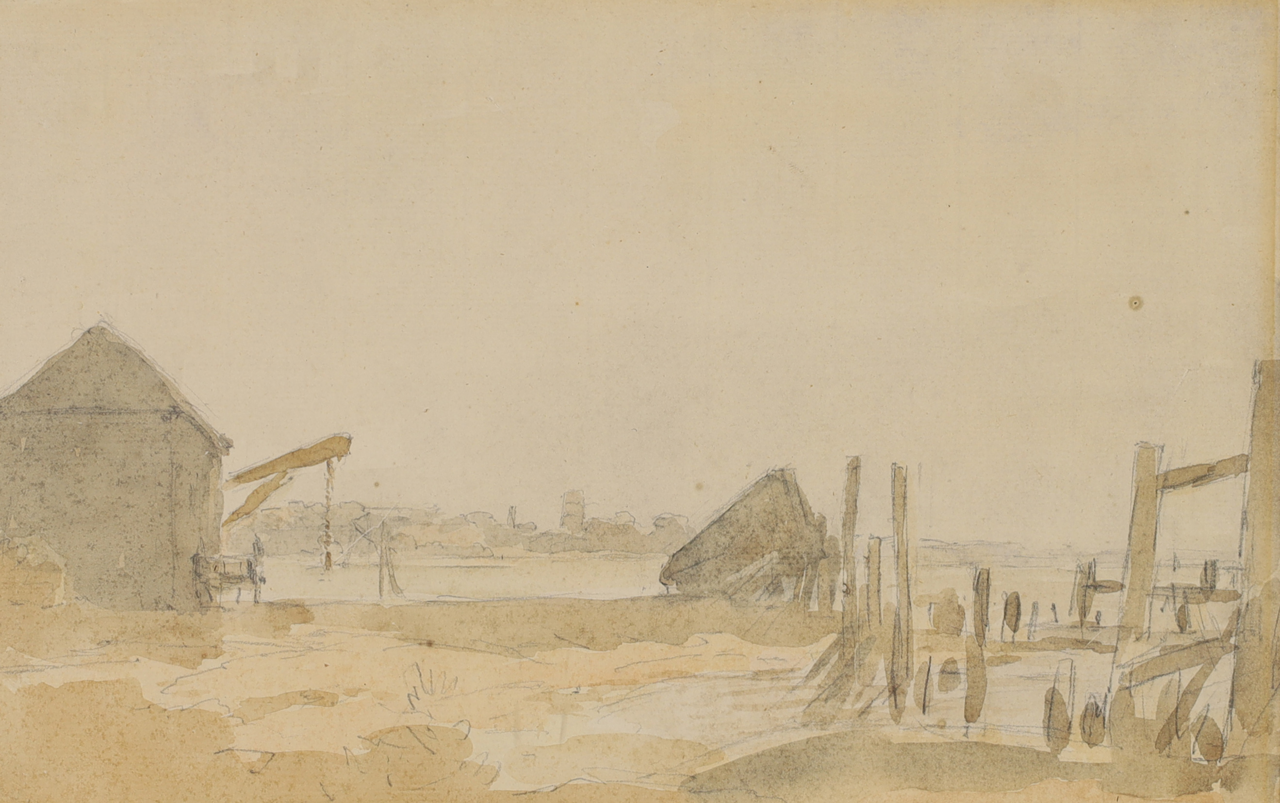 Follower of Edward Lear,  British 1812-1888-  Farmyard landscape;  pencil and wash on paper, 19...