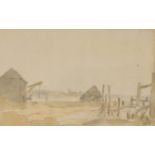 Follower of Edward Lear,  British 1812-1888-  Farmyard landscape;  pencil and wash on paper, 19...