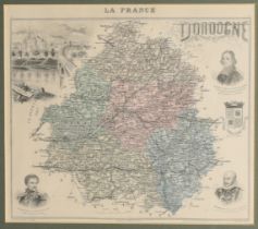 A group of maps and urban illustrations, all framed, comprising: Migeon, Jean, Dordogne, part-han...