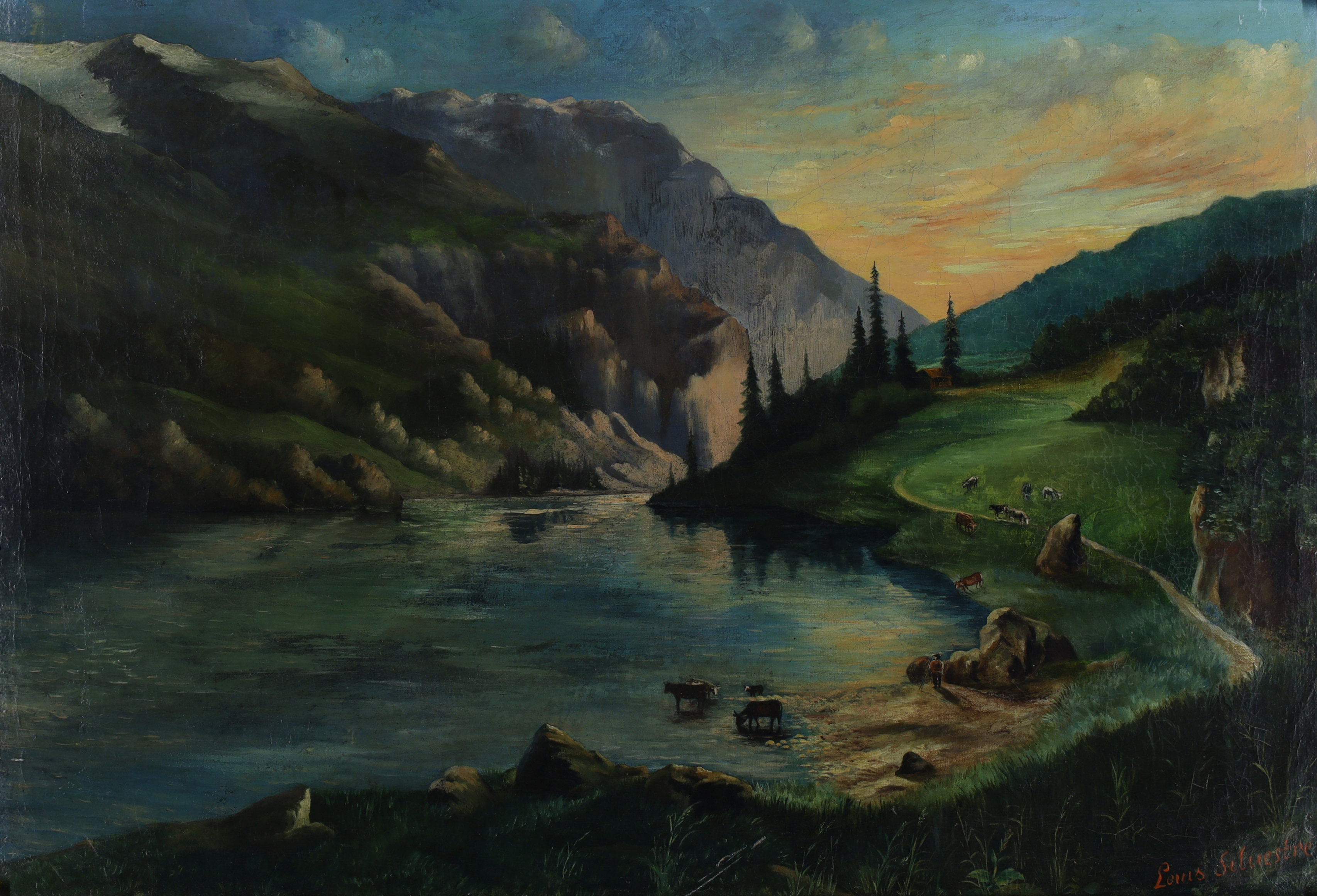 Central European School,   late 19th/early 20th century-  Alpine landscape view with cattle wate...