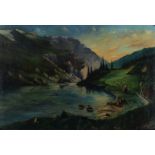 Central European School,   late 19th/early 20th century-  Alpine landscape view with cattle wate...