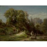 Central European School,  19th century-  Landscape with cattle and a ram on a winding path;  oi...