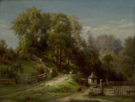 Central European School,  19th century-  Landscape with cattle and a ram on a winding path;  oi...