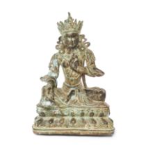 A Chinese bronze figure of a bodhisattva, 20th century, seated in lalitasana on a double lotus ba...