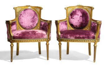 A pair of French giltwood salon chairs, of Louis XVI style, second quarter 20th century, purple v...