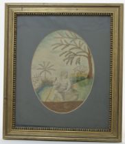 A George III oval silk embroidery, depicting the young Christ seated on a rock within a landscape...